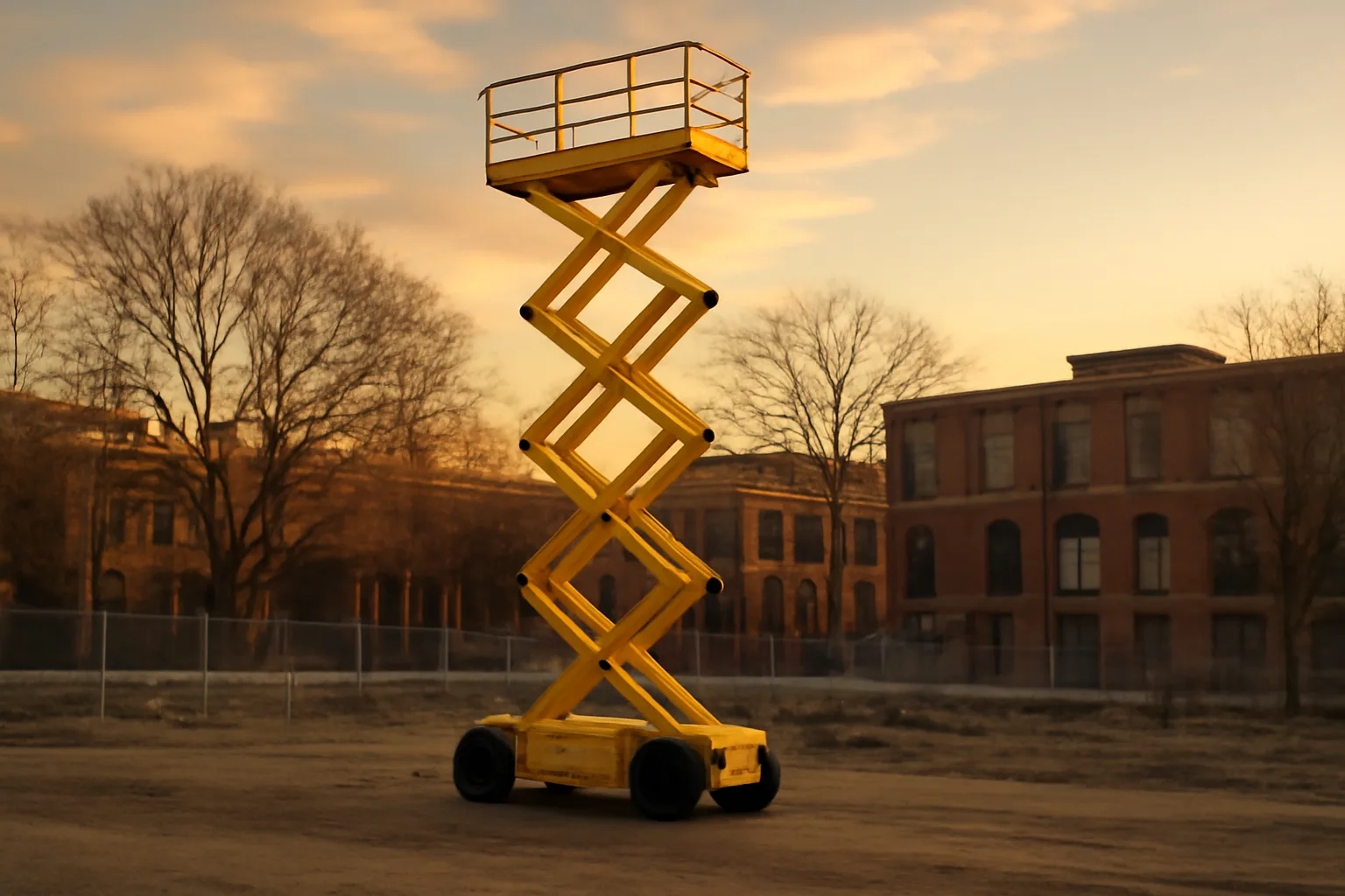 Yellow scissor lift fully extended at a Connecticut construction site in autumn