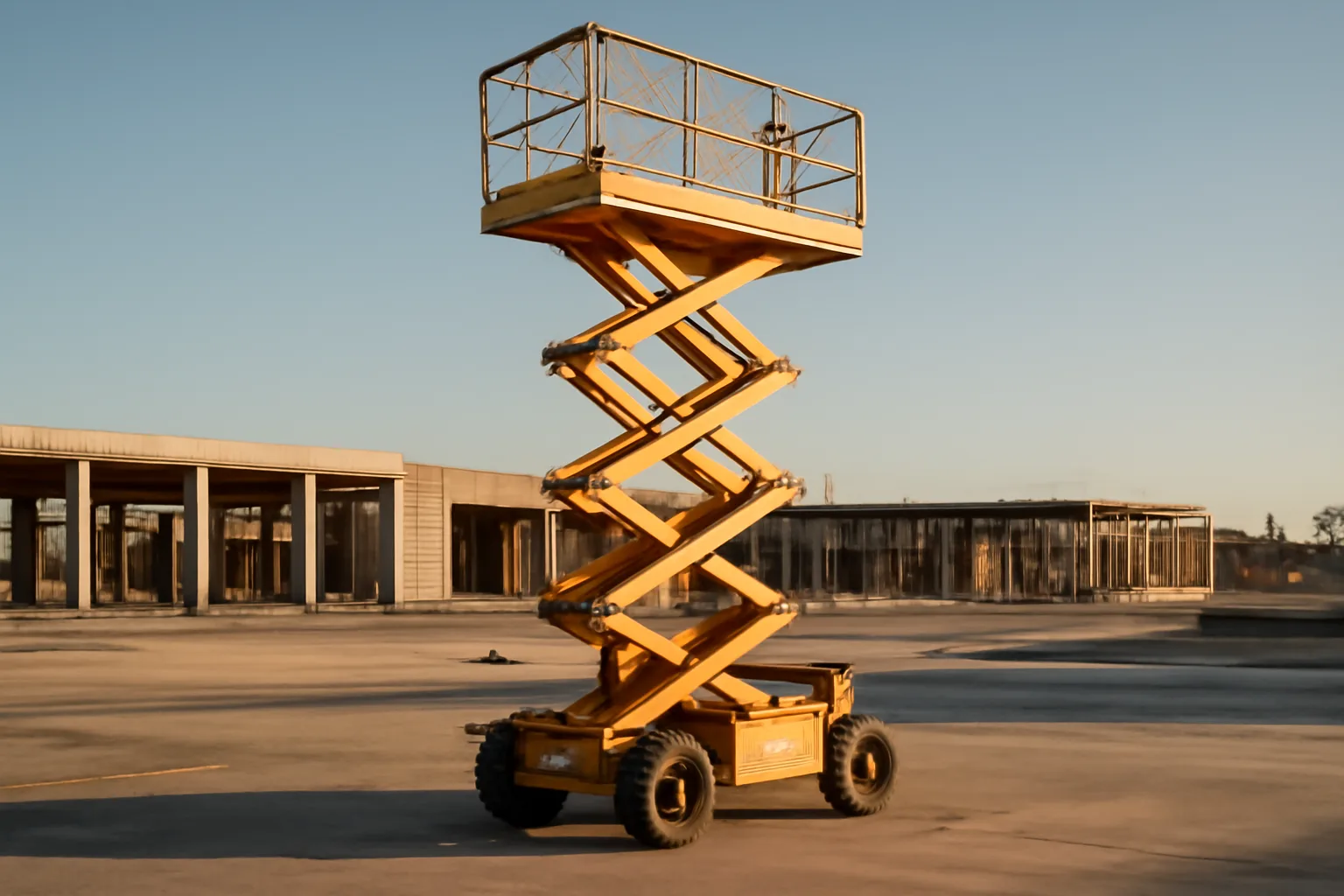 Yellow scissor lift raised at full height on a California commercial construction site at dusk