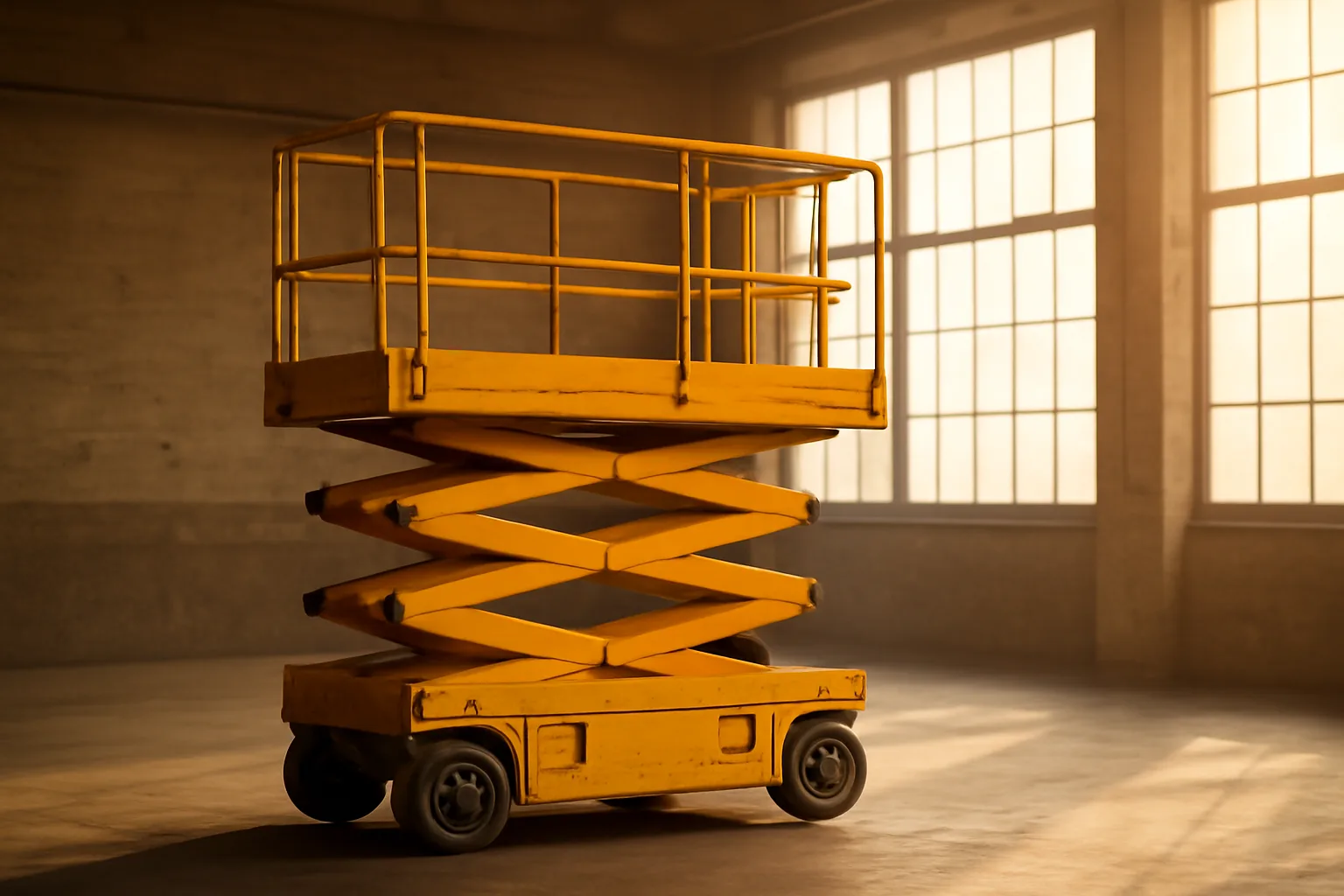 Yellow electric scissor lift elevated inside a Colorado warehouse in afternoon light