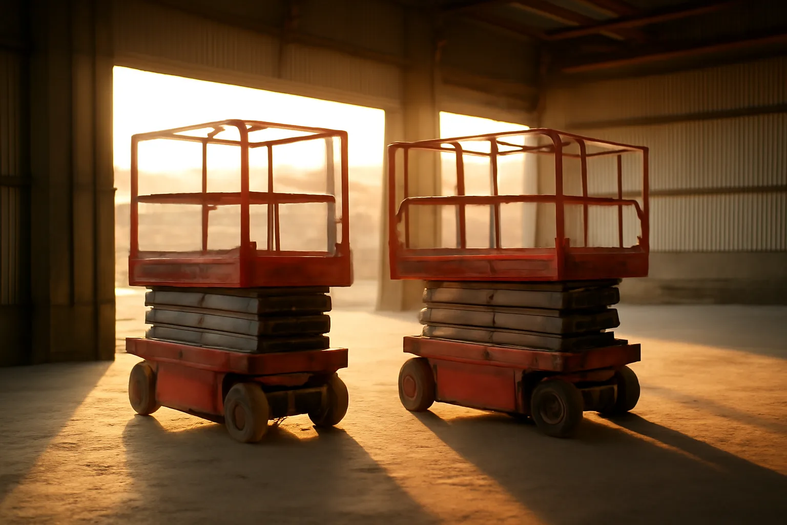 Two idle scissor lifts parked in a sunlit warehouse bay