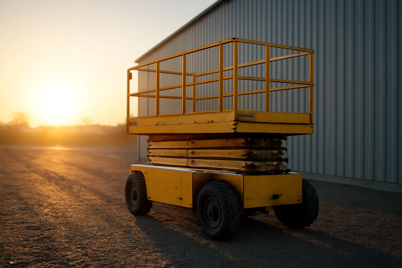 Lowered yellow scissor lift on gravel beside a warehouse at sunrise