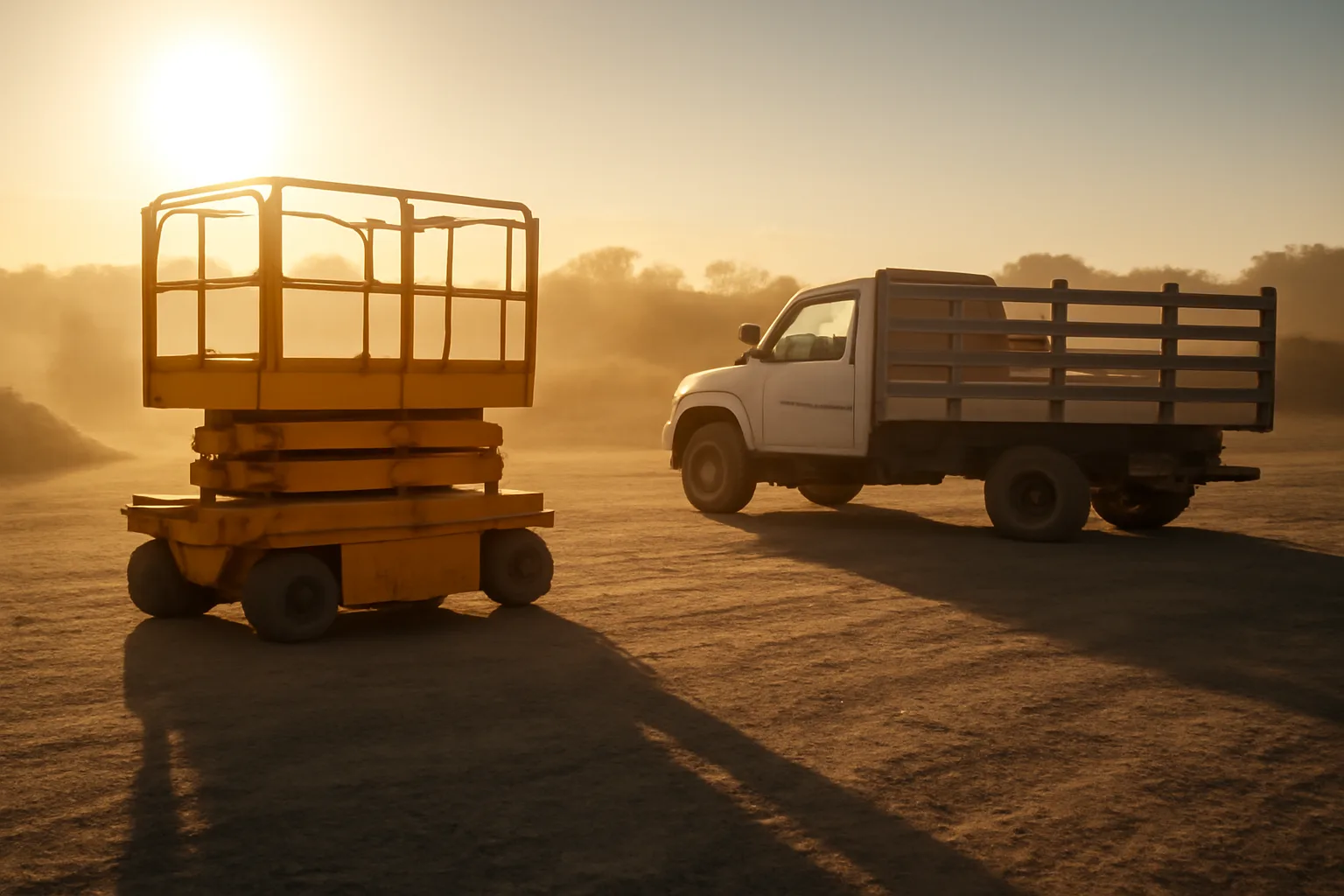 Unmarked yellow scissor lift beside a truck in late afternoon light