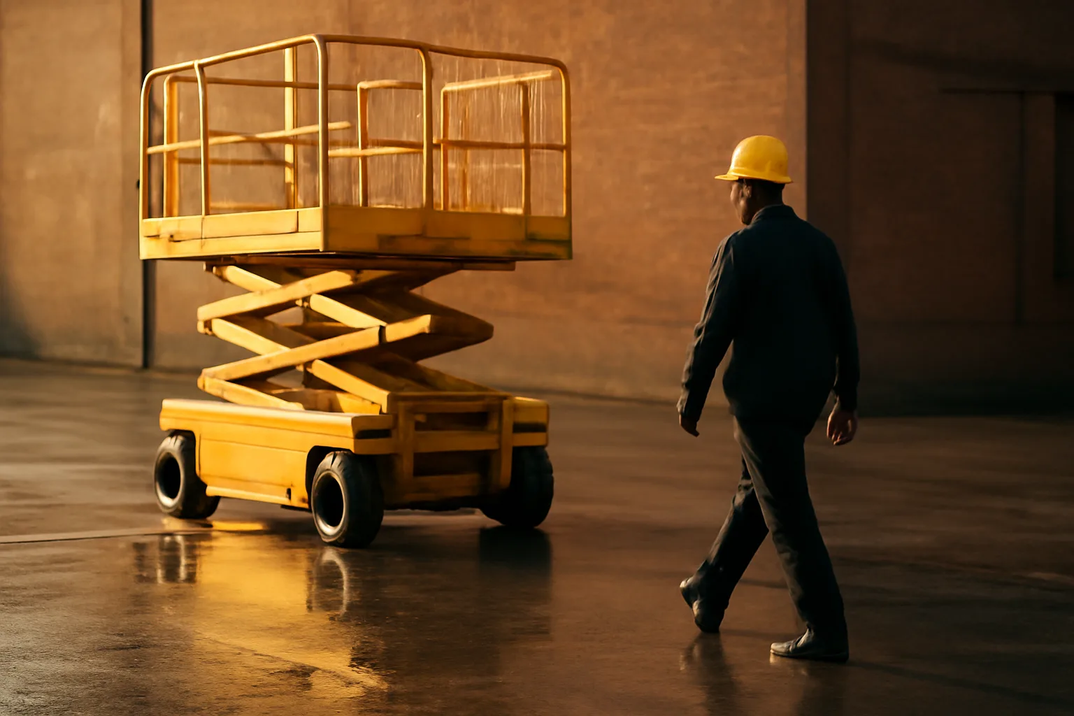 Raised scissor lift waiting on a wet concrete rental yard