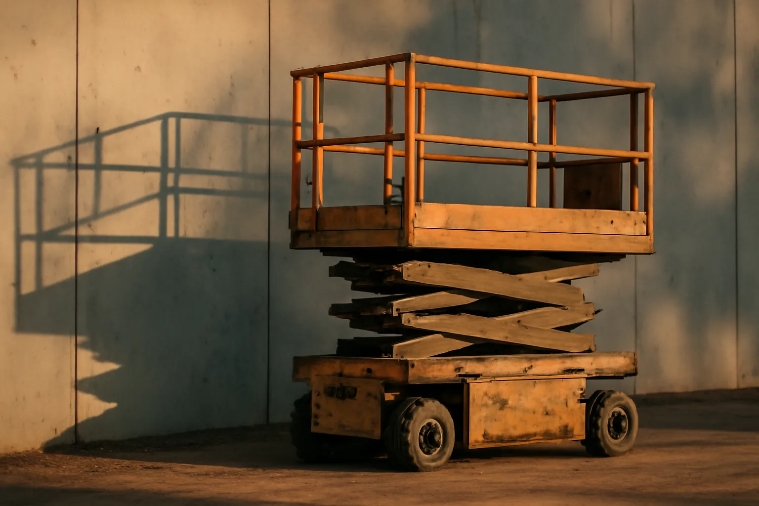 Idle scissor lift on dirt beside a concrete warehouse wall