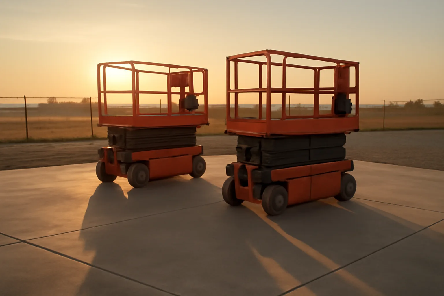 Folded scissor lifts parked on concrete in a quiet rental yard