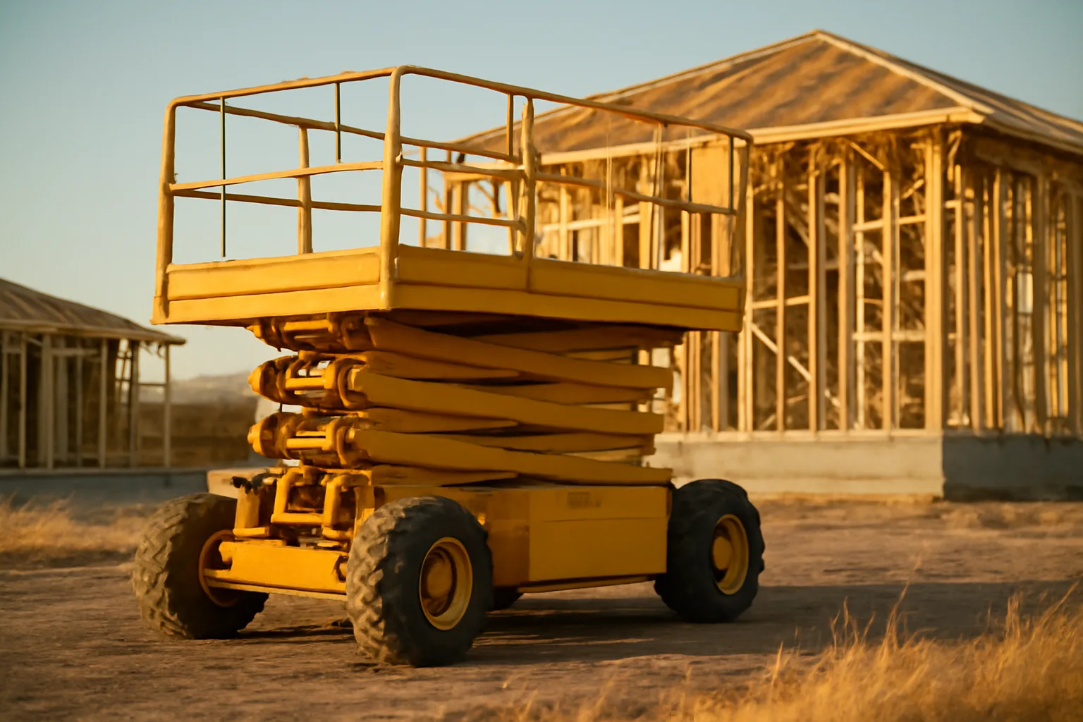 Idle scissor lift rental machine beside an unfinished wood house