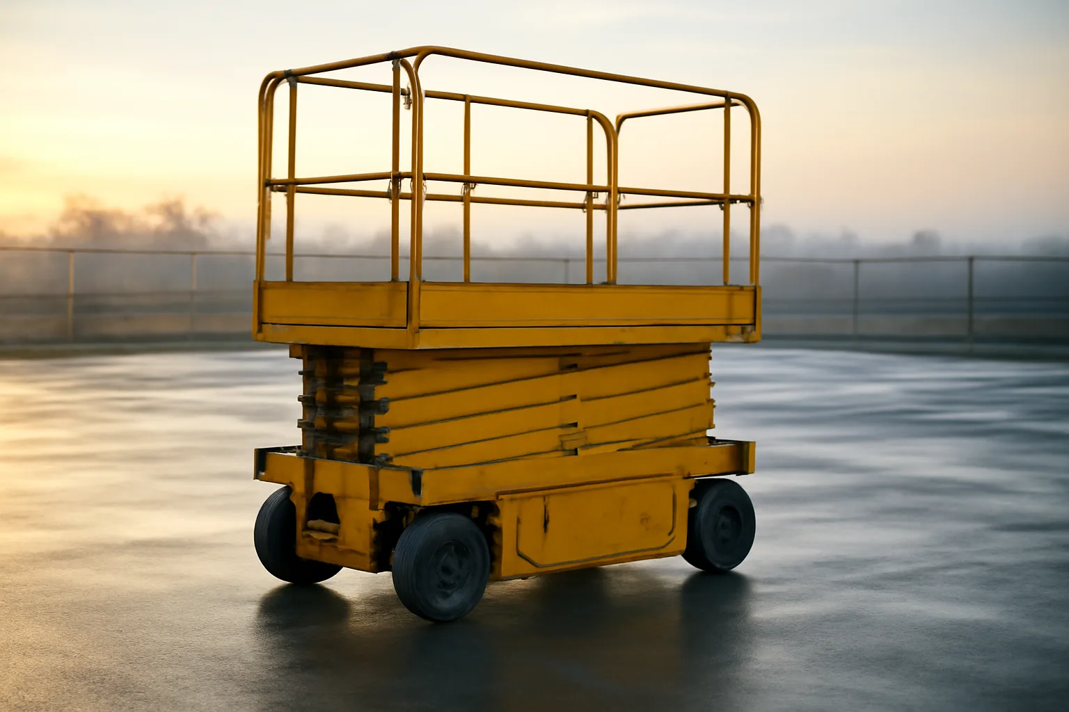 Yellow scissor lift lowered on wet concrete in a quiet yard