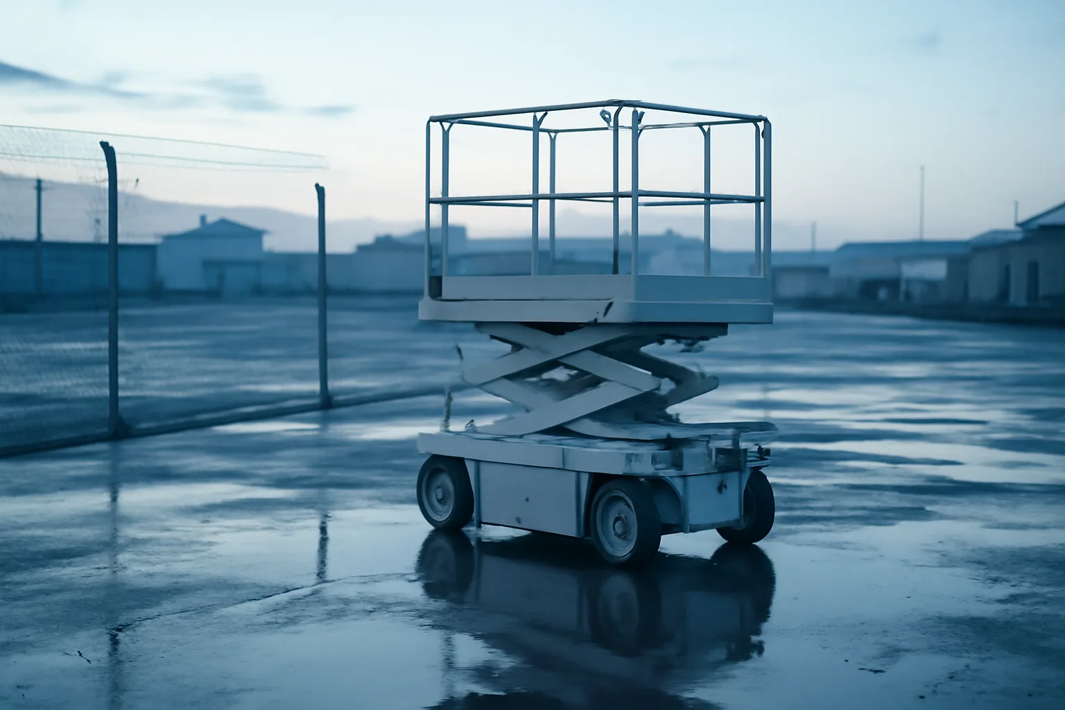 White scissor lift parked on wet concrete before a rental day