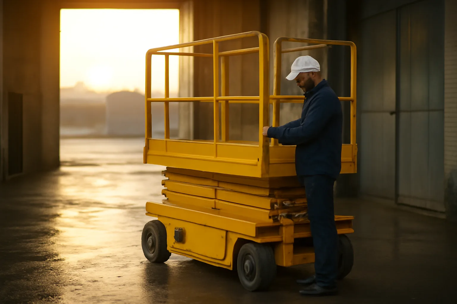 Worker checking a scissor lift in a morning rental yard