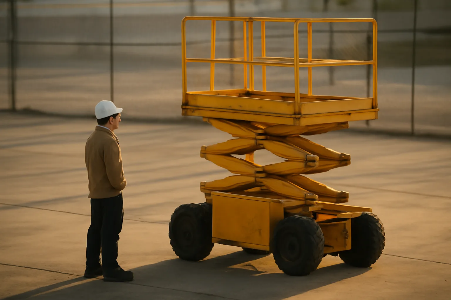 Unmarked yellow scissor lift ready for rental in a concrete yard