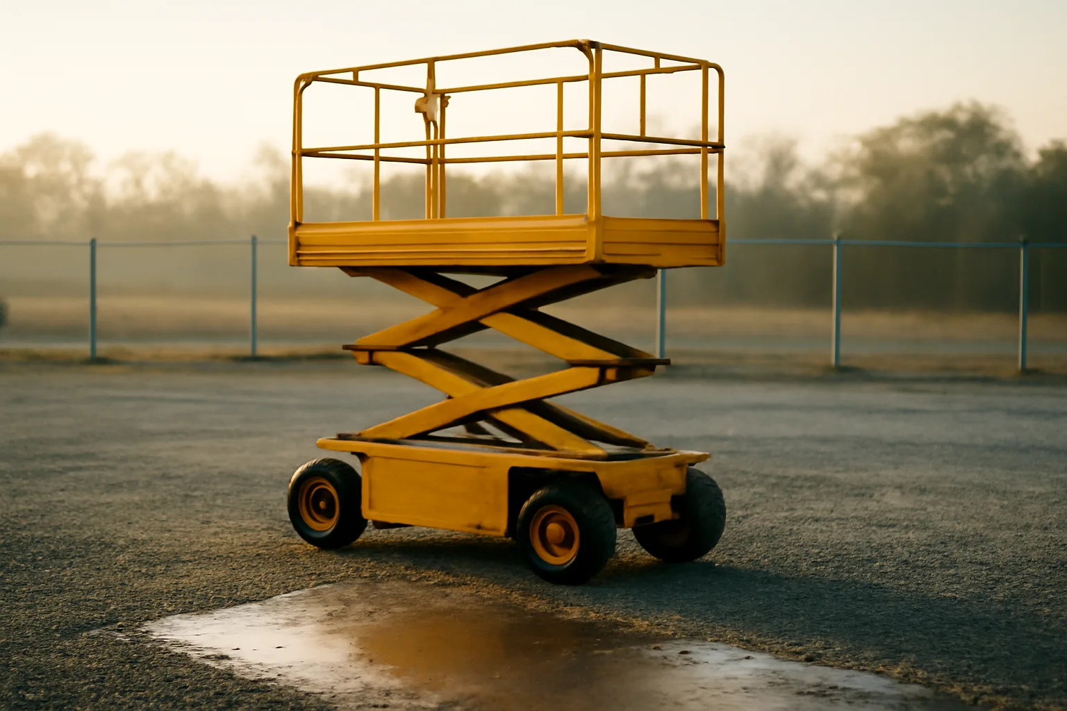 Yellow scissor lift raised in an empty morning equipment yard