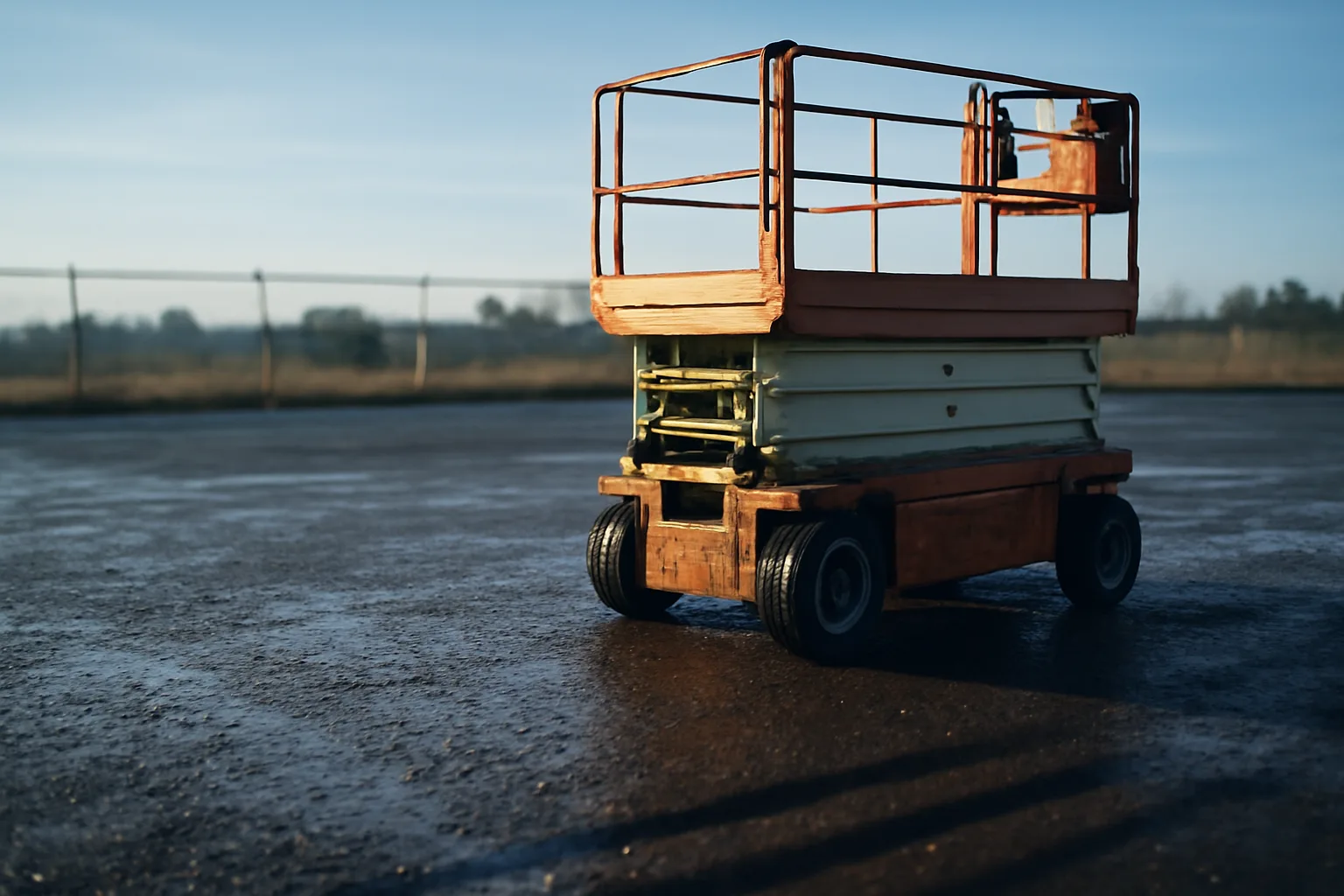 Lowered scissor lift waiting in a gravel rental yard at sunrise