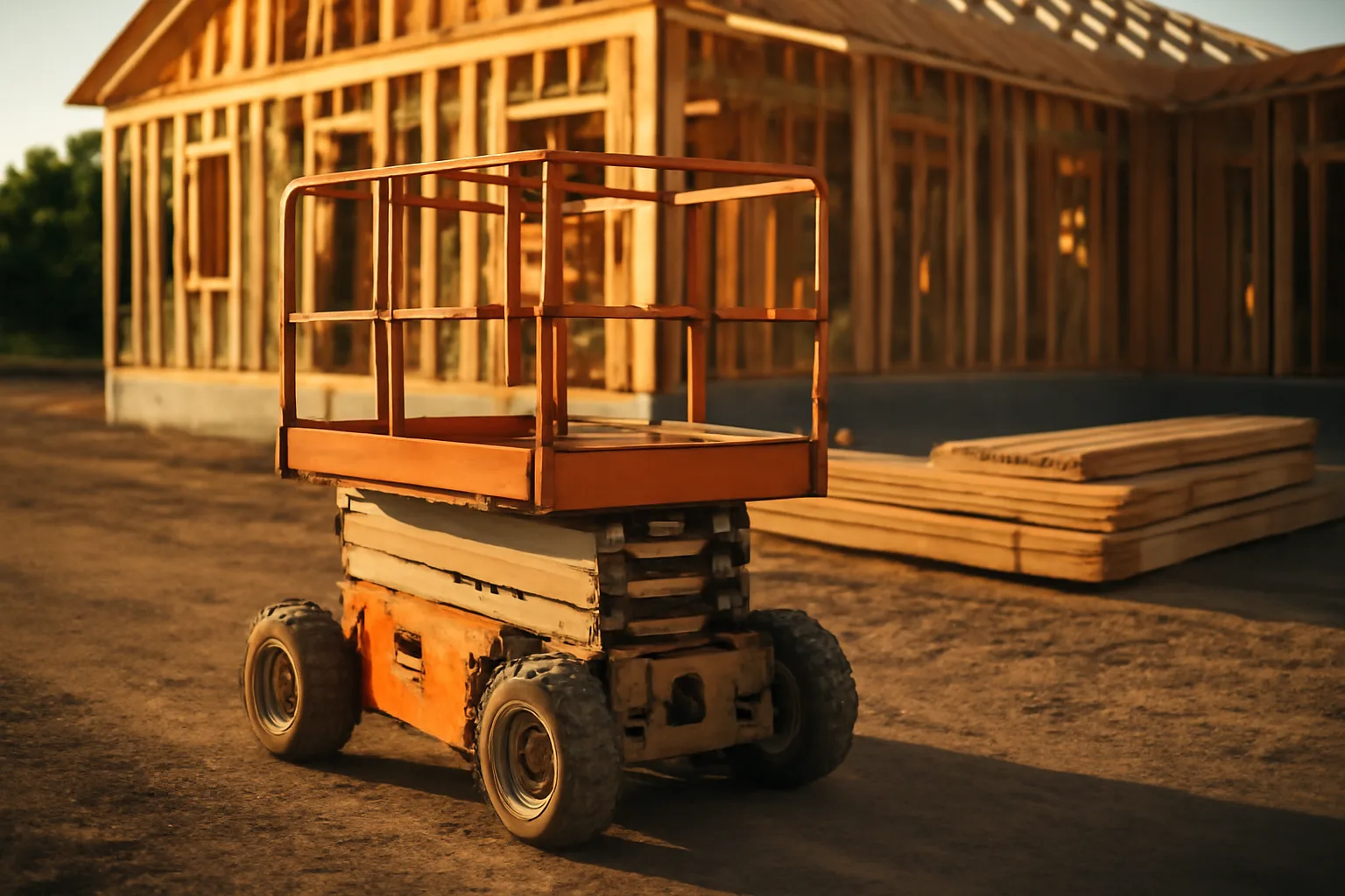 Unoccupied scissor lift beside a wood house frame at dusk