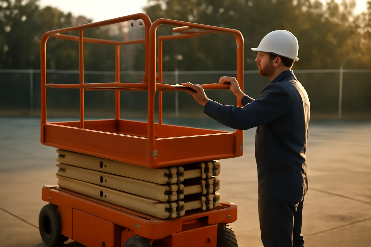Worker inspects an unmarked scissor lift in a quiet yard