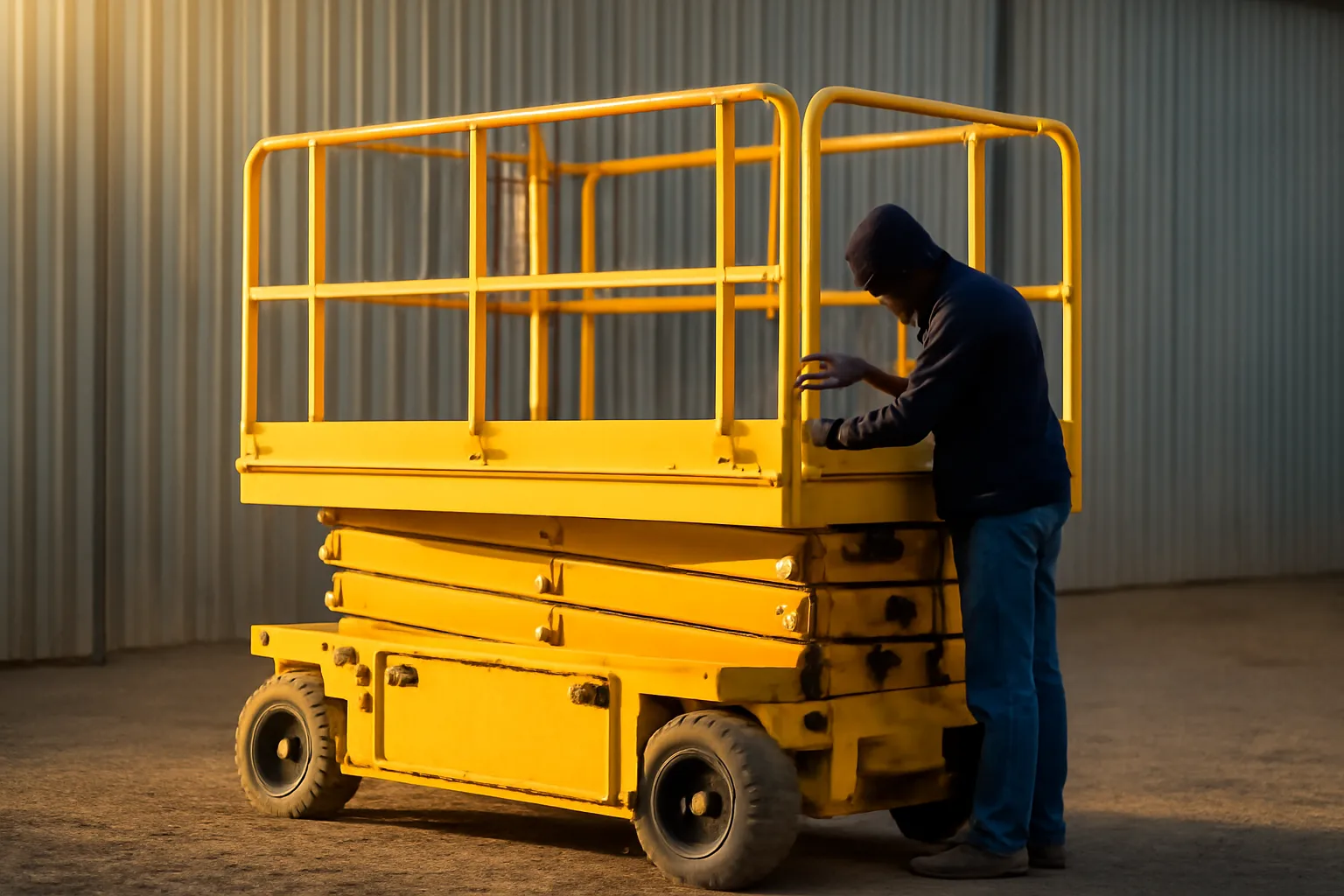 Yellow scissor lift on a gravel yard ready for rental