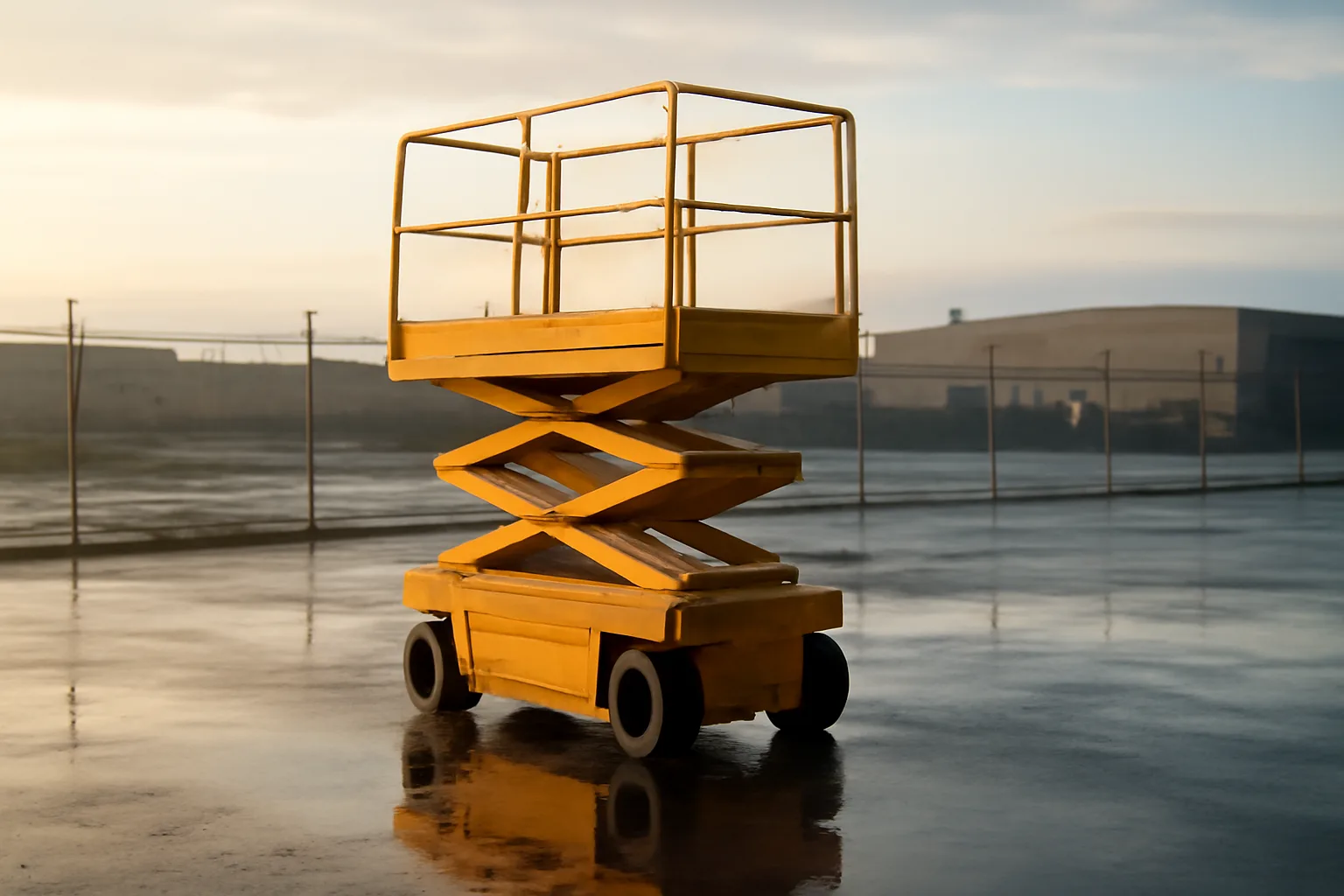 Unbranded yellow scissor lift in a quiet rental yard at dawn