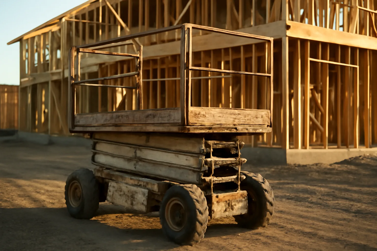 Lowered scissor lift on a residential jobsite in afternoon light