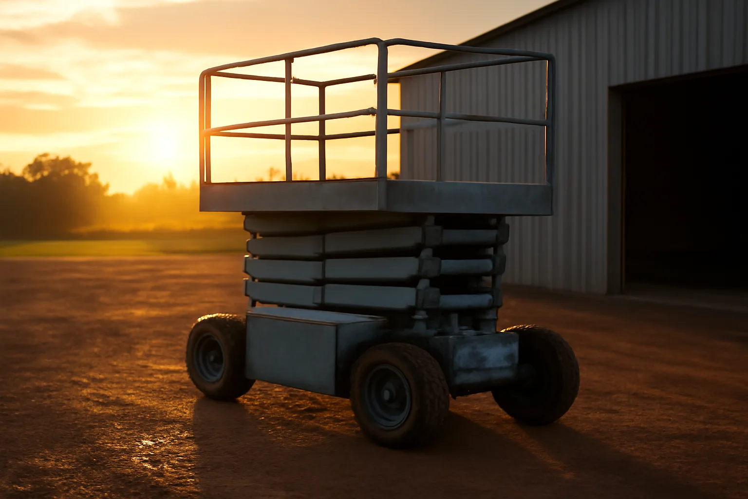 Unmarked scissor lift on red Alabama clay at sunrise