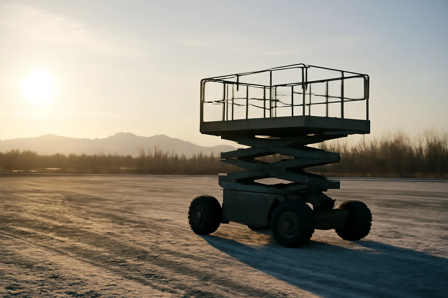 Unmarked scissor lift on snow in an Alaska gravel yard