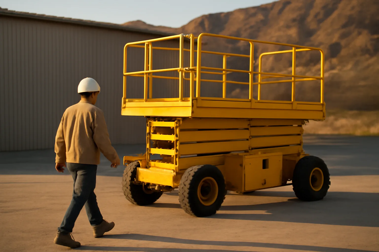 Yellow scissor lift in an Arizona shop yard at late afternoon