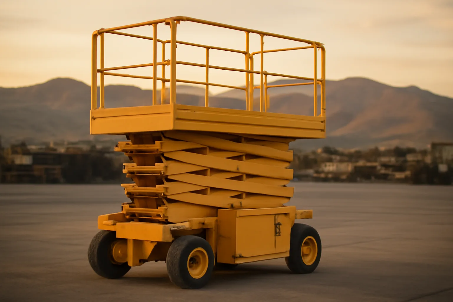 Yellow scissor lift parked in a Colorado commercial equipment yard with mountain backdrop