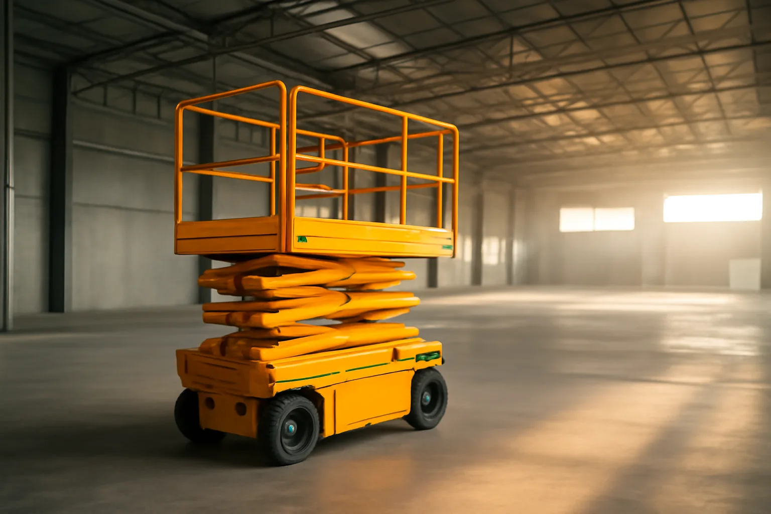 Yellow electric scissor lift inside a large commercial warehouse, Connecticut rental business