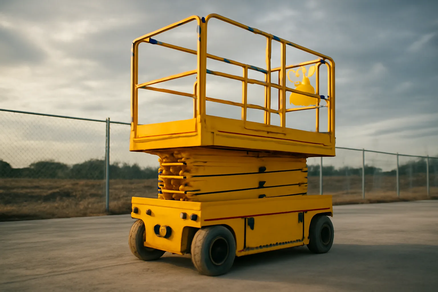 Yellow electric scissor lift on a concrete yard at a Delaware construction site