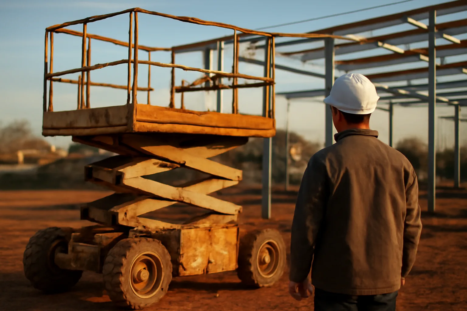 Idle scissor lift on red clay at an Alabama jobsite