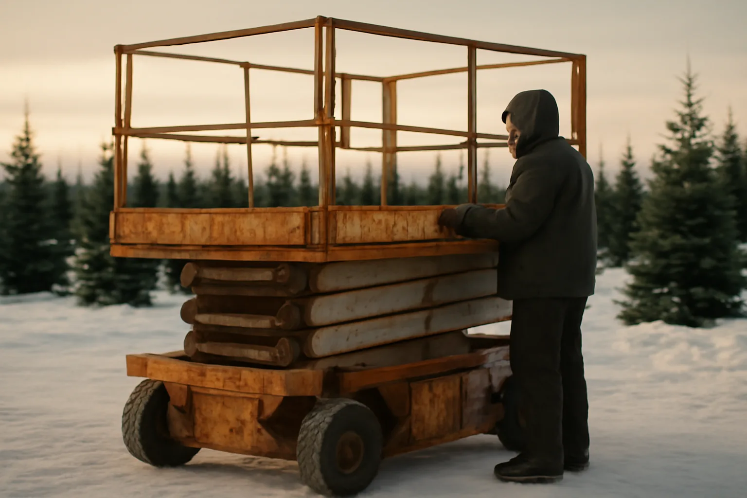Electric scissor lift parked on snowy Alaska job site