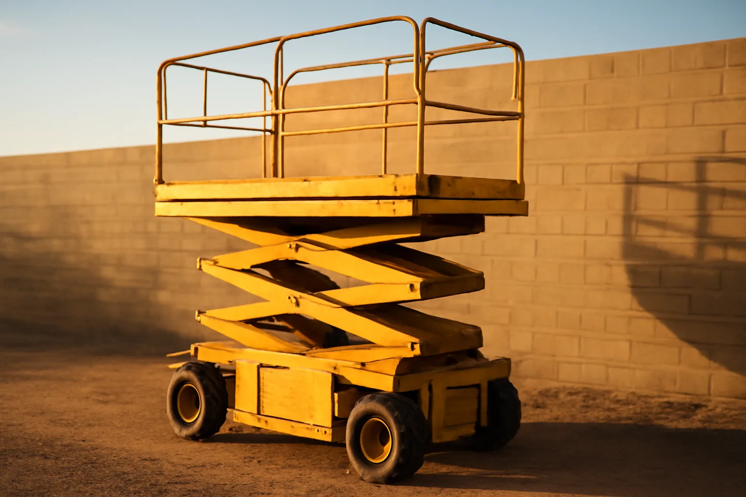Unmarked yellow scissor lift on an Arizona jobsite at sunset