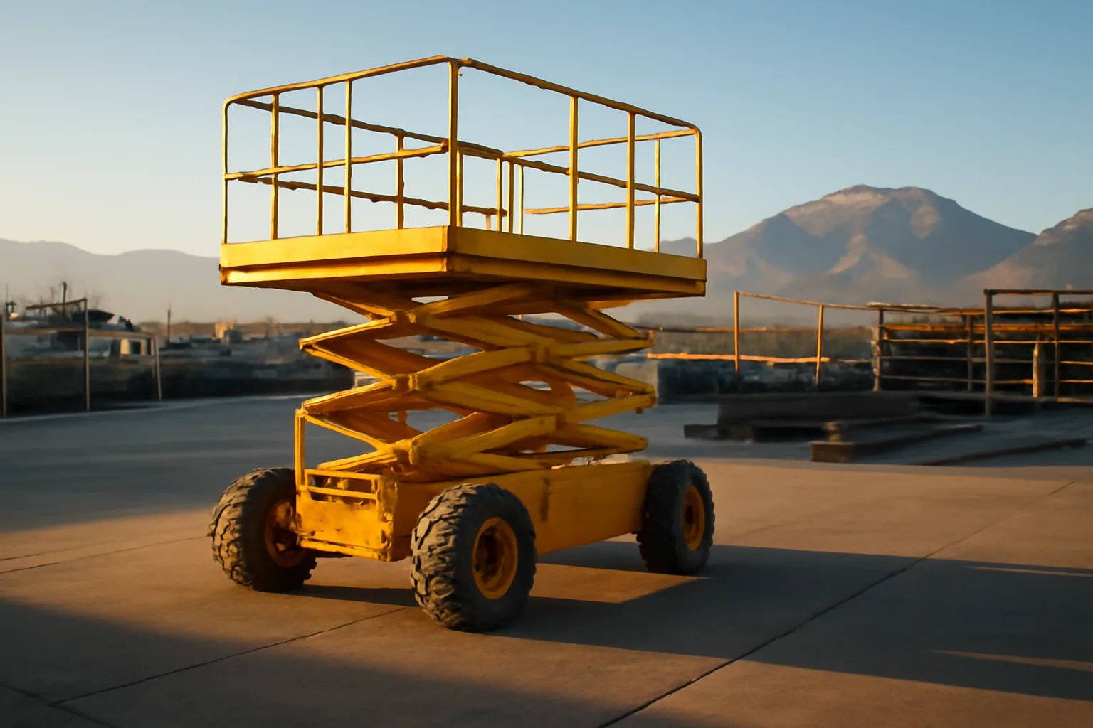 Yellow scissor lift in a Colorado industrial yard with mountains in background