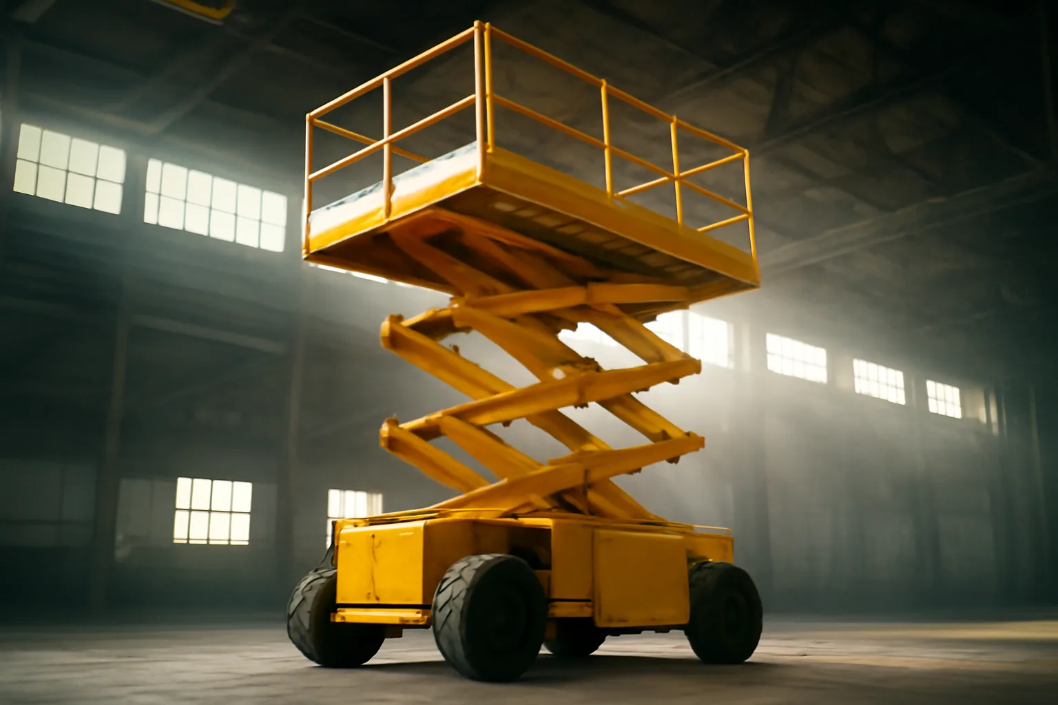 Yellow electric scissor lift elevated inside an empty Delaware warehouse, morning light
