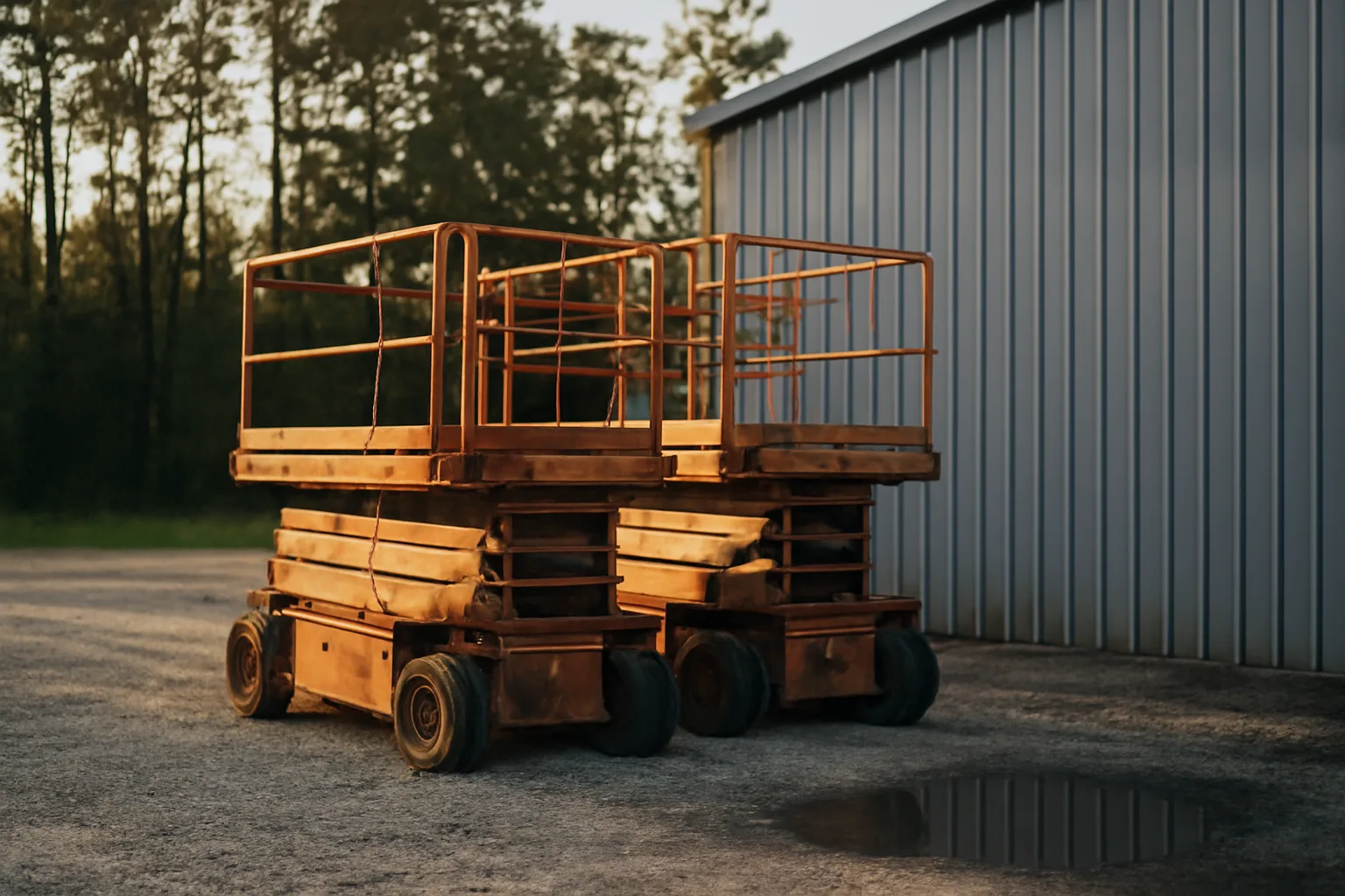 Scissor lifts at a quiet Alabama rental yard in morning light