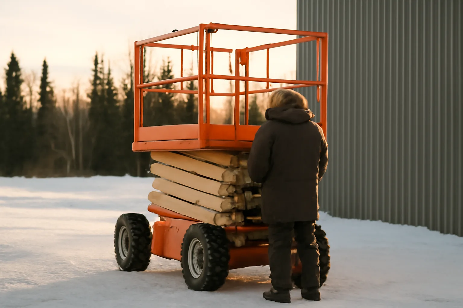 Scissor lift on snow beside an Anchorage shop in winter light