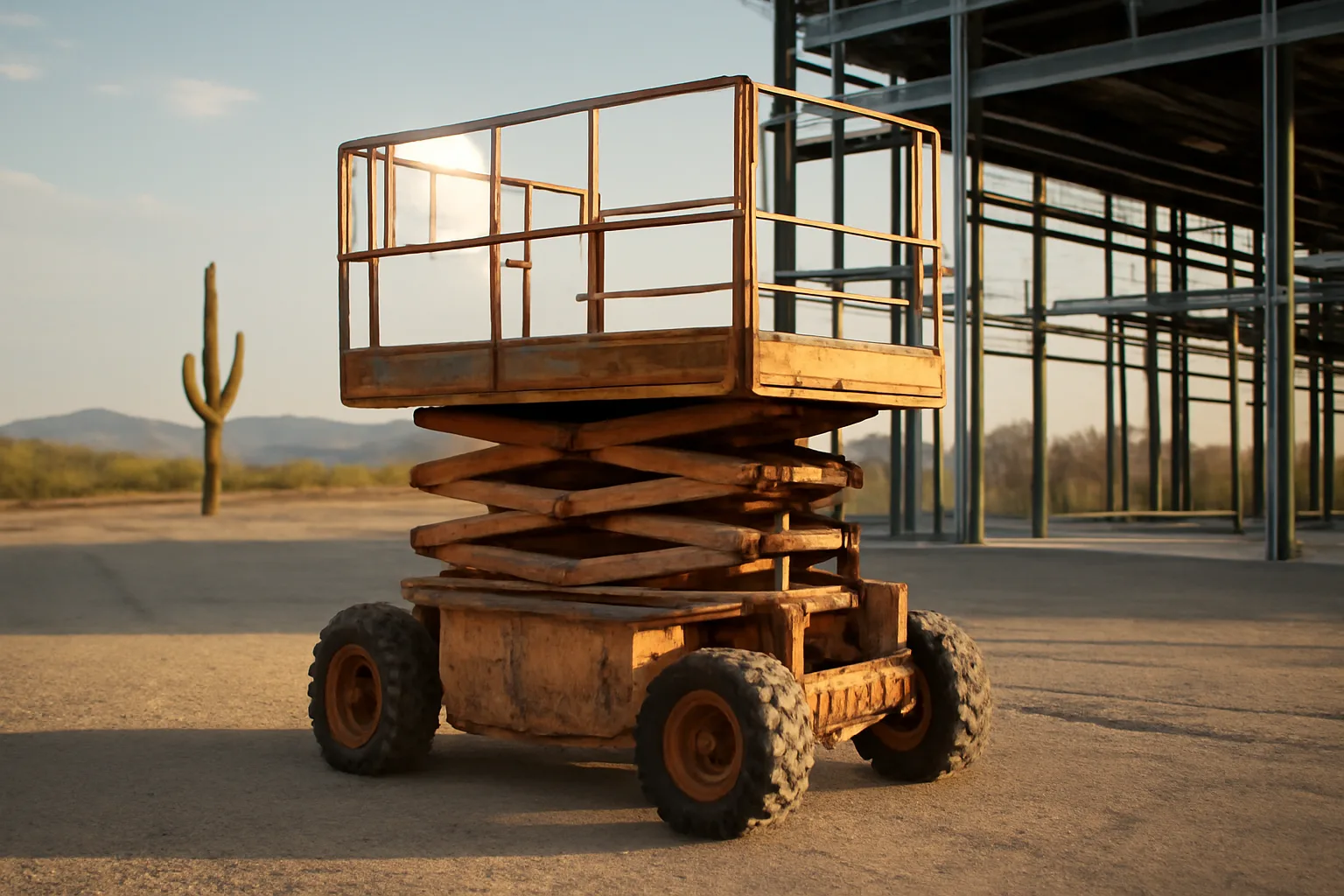 Empty scissor lift on a Phoenix jobsite in late sun