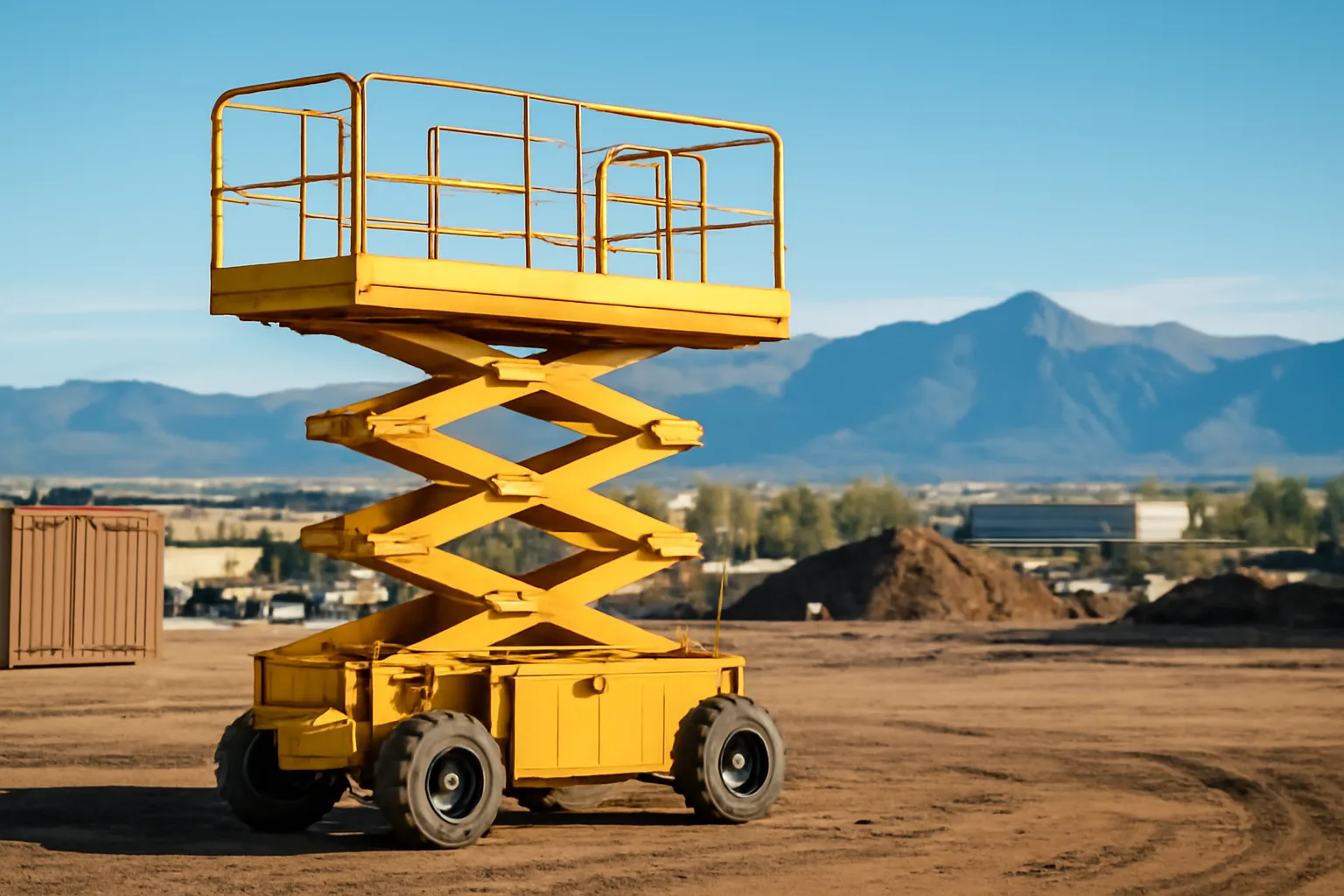 Yellow scissor lift on a Colorado Front Range construction site in morning light