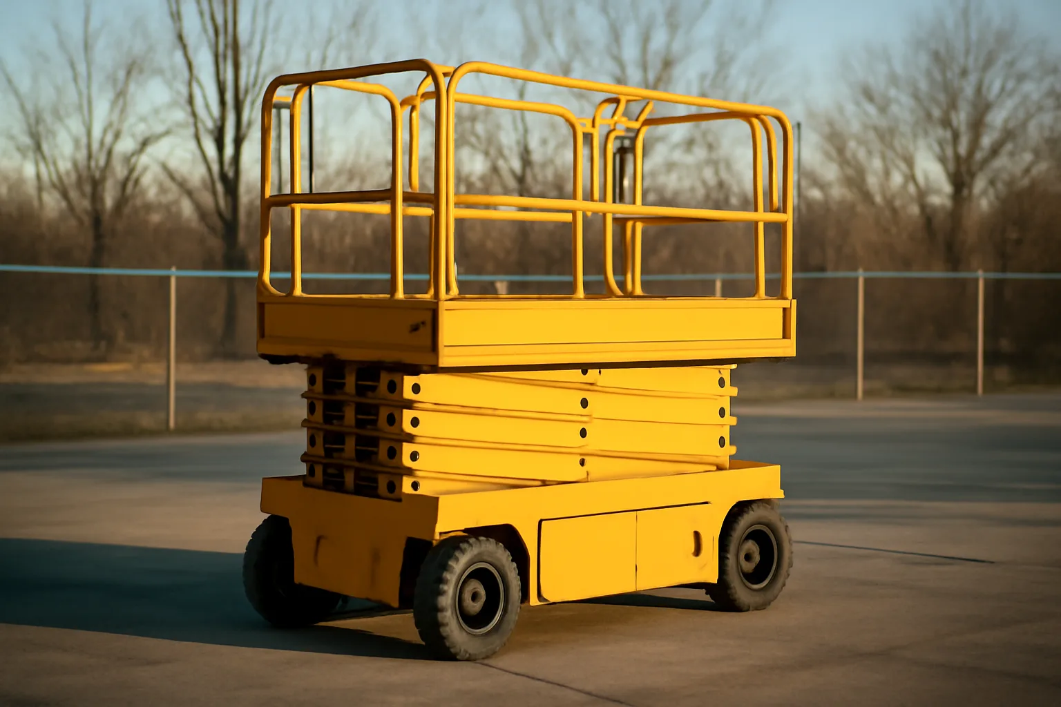 Yellow electric scissor lift parked on a concrete yard, Connecticut industrial setting