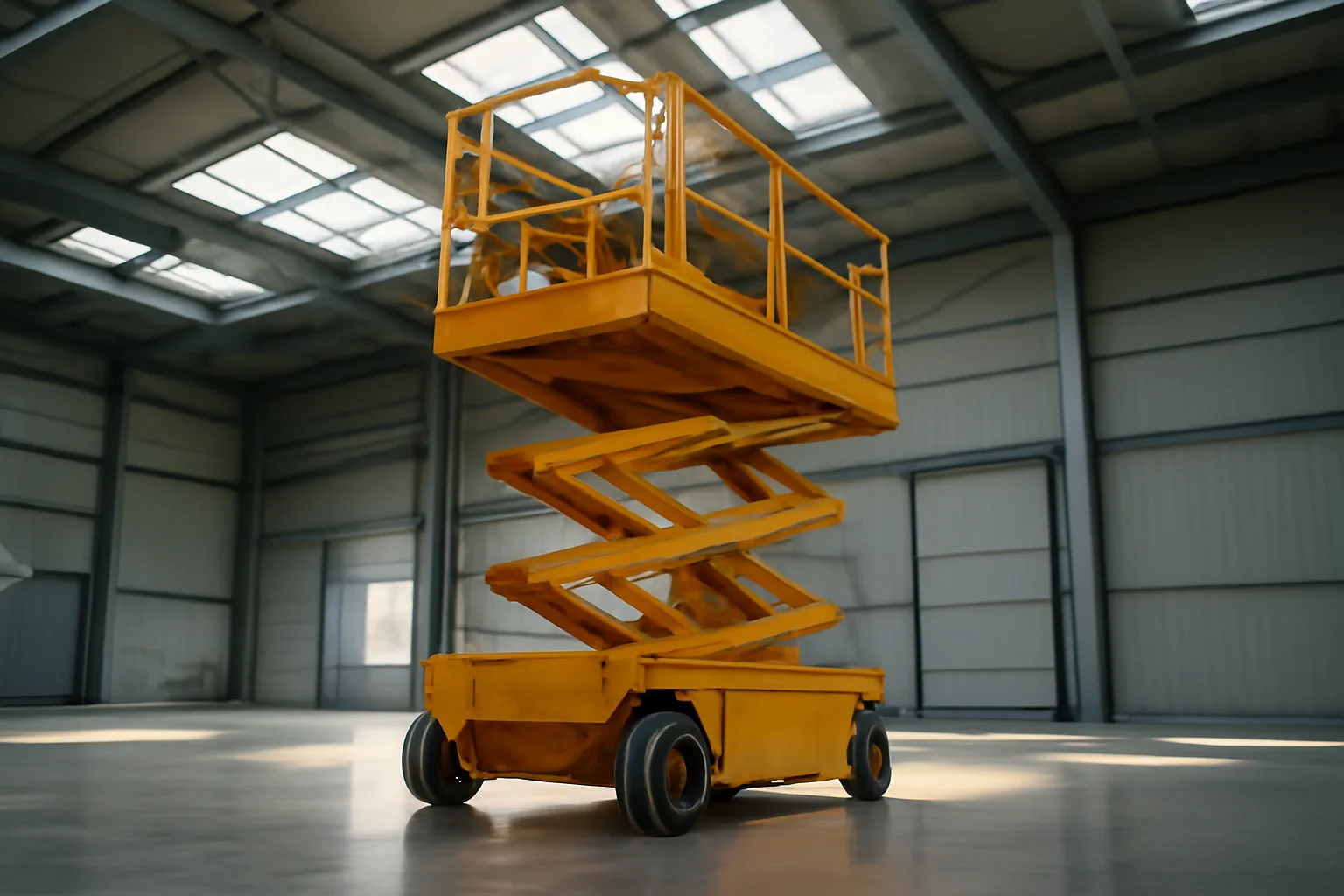 Yellow electric scissor lift raised inside a sunlit Delaware warehouse