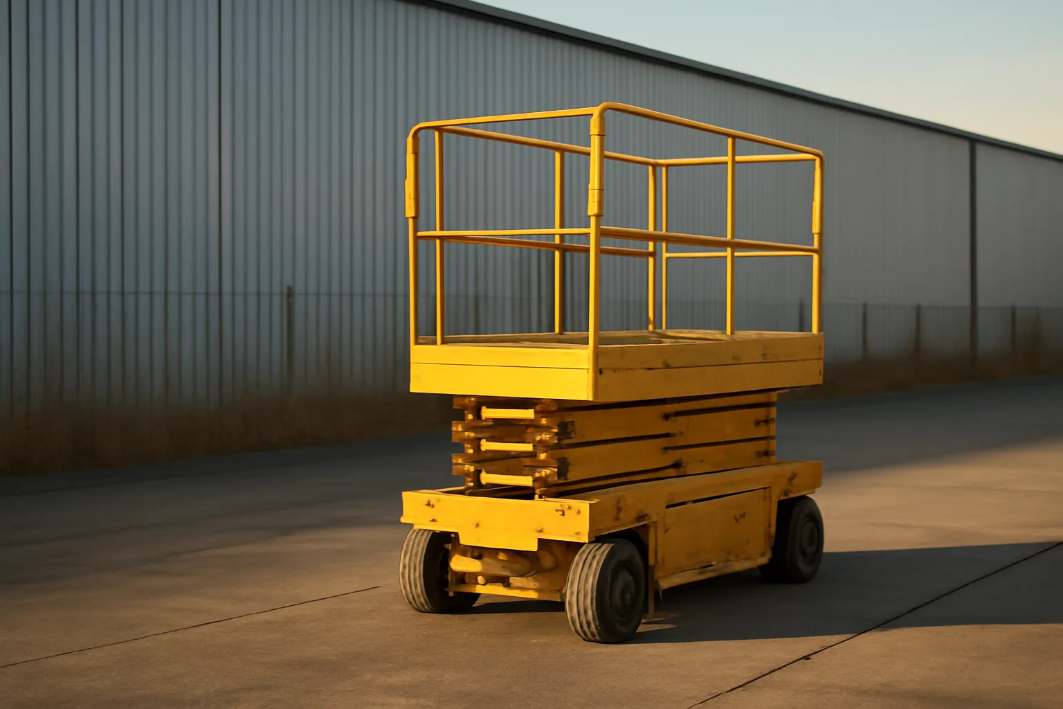 Yellow scissor lift parked for rental on an Alabama yard
