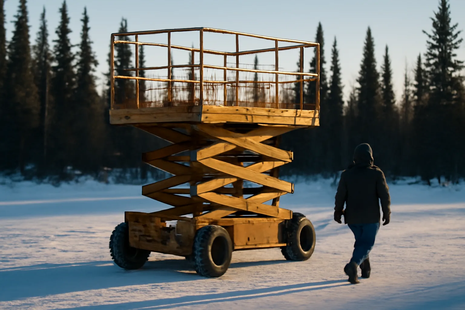 Unmarked yellow scissor lift on a snowy Alaska rental jobsite
