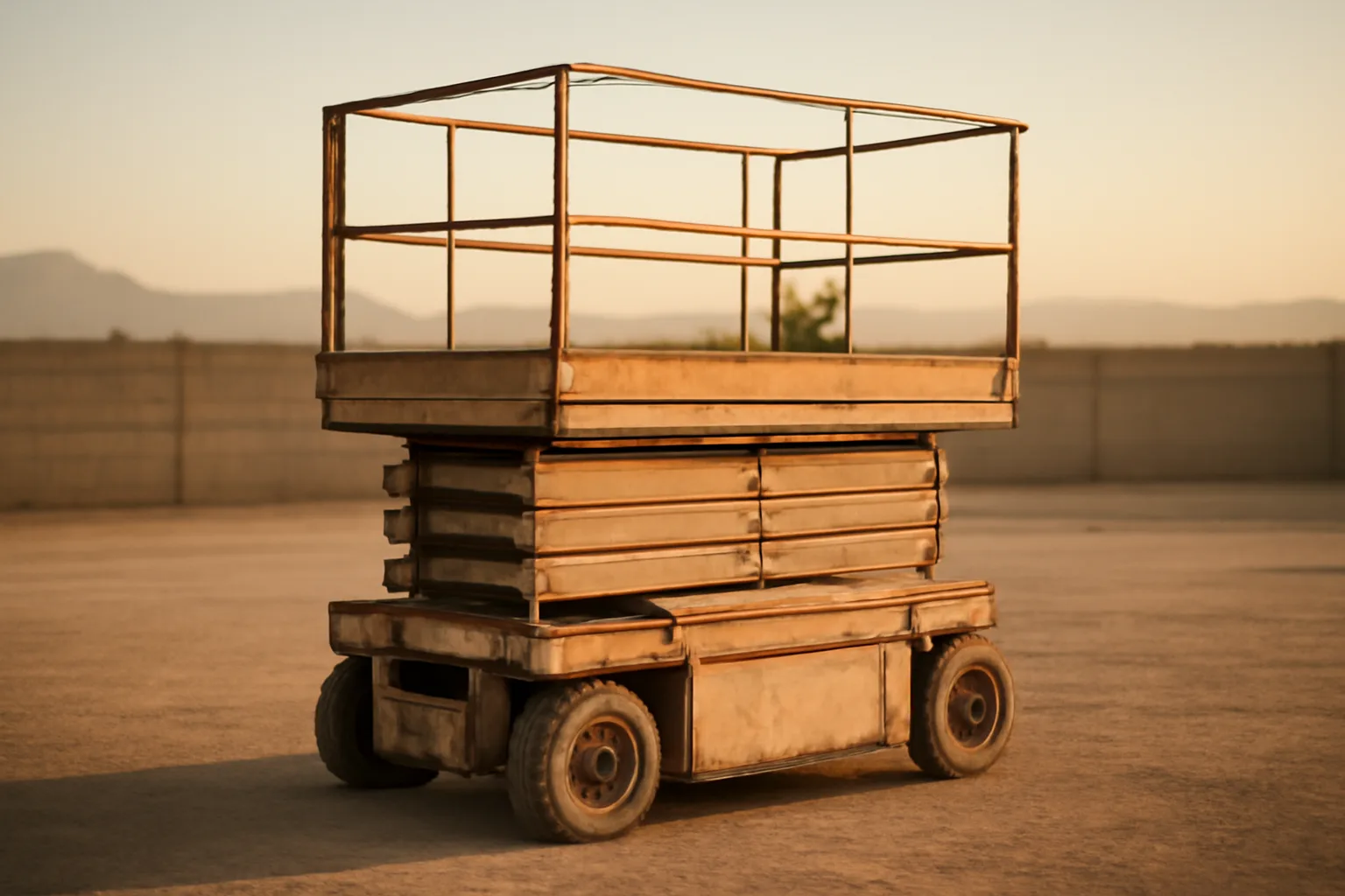 Idle scissor lift in an Arizona rental yard at sunset