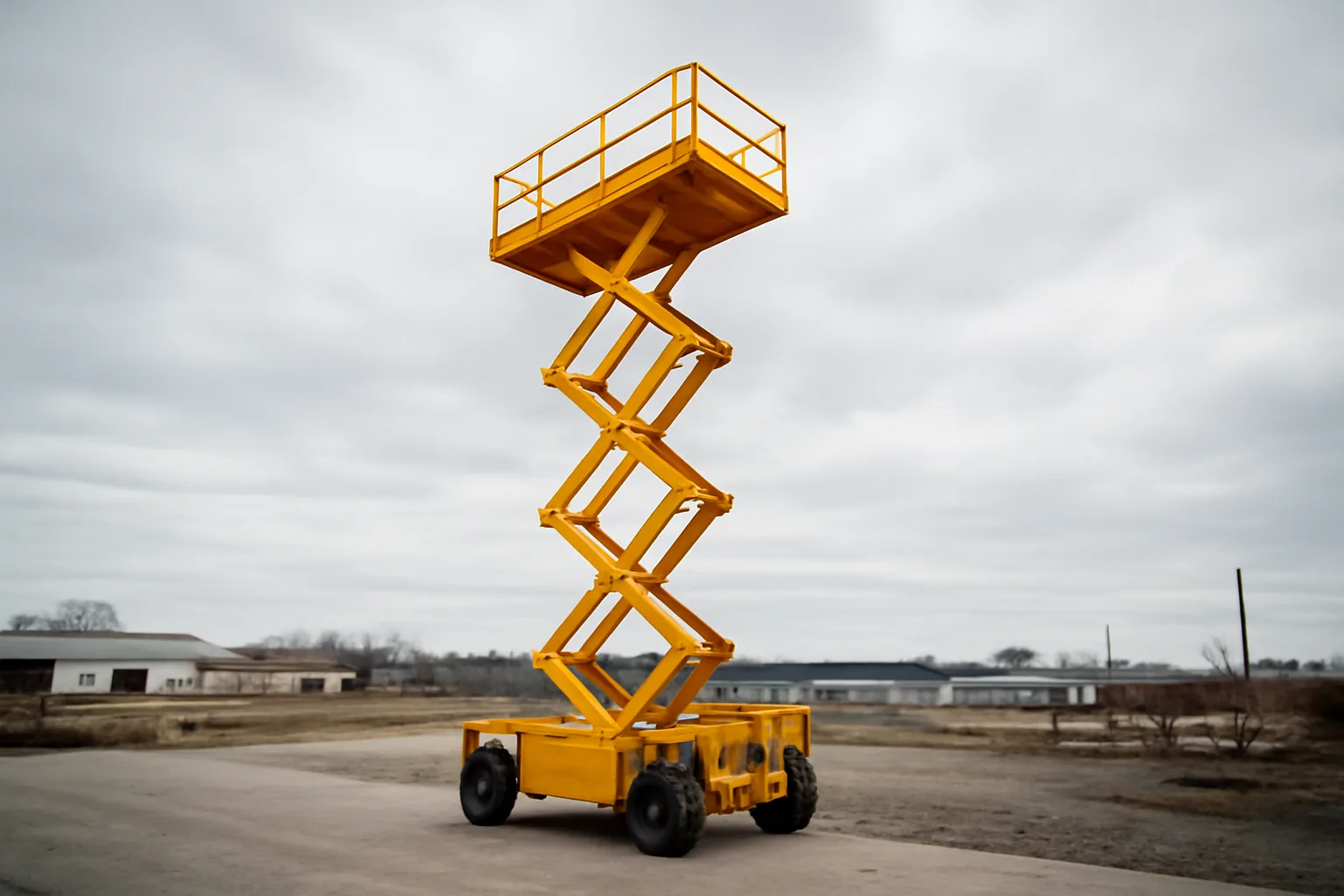 Yellow scissor lift extended at full height on a Connecticut construction yard